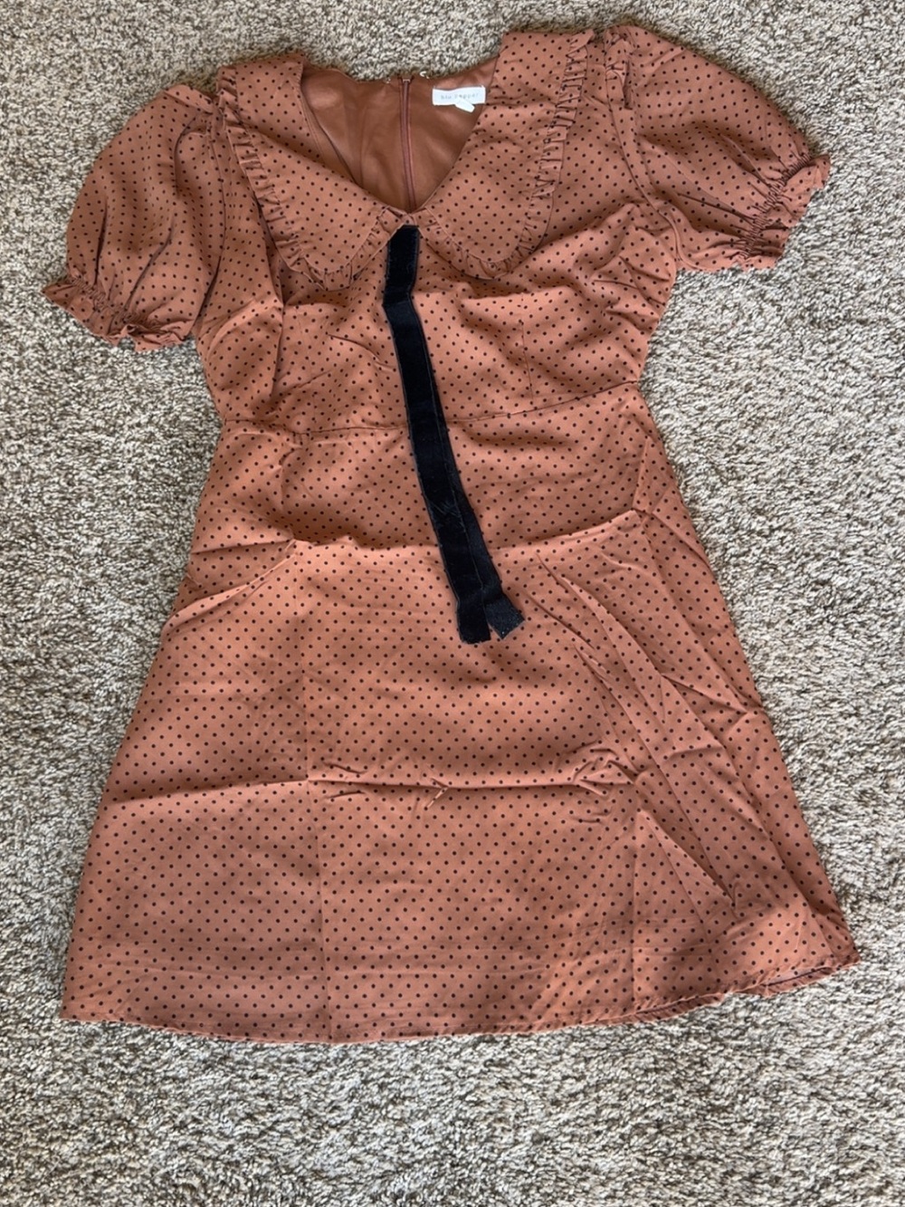 Blu Pepper Rust Brown Polka Dot Mini Dress with Black Tie
